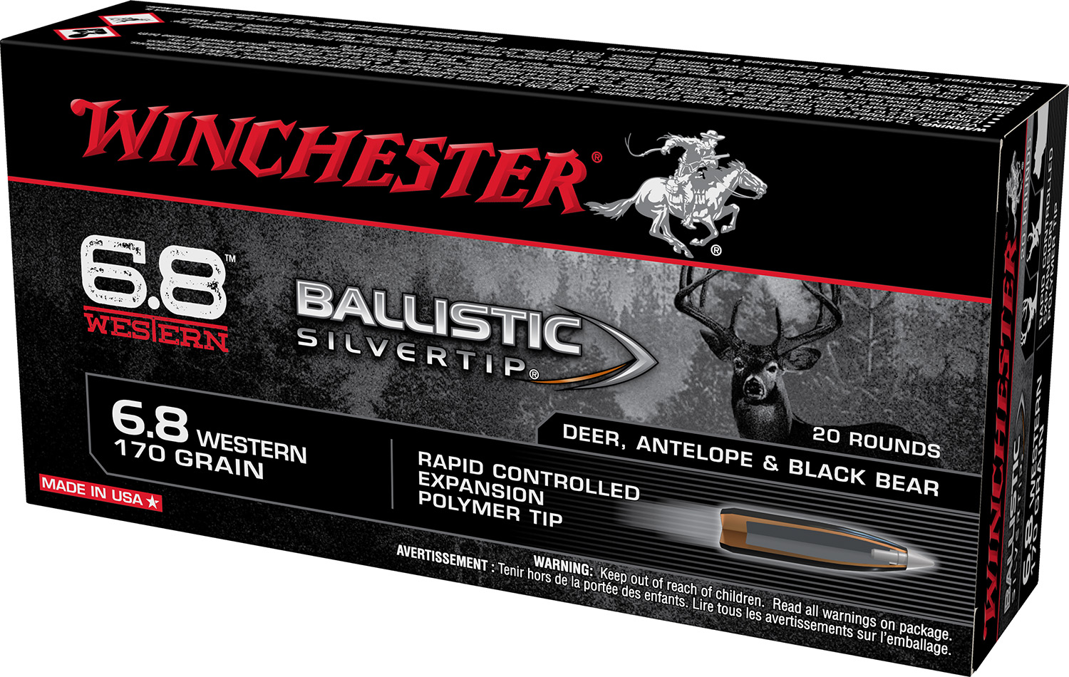 Winchester Ammo SBST68W Ballistic Silvertip  6.8Western 170gr Rapid Controlled Expansion Polymer Tip 20 Per Box/10 Case