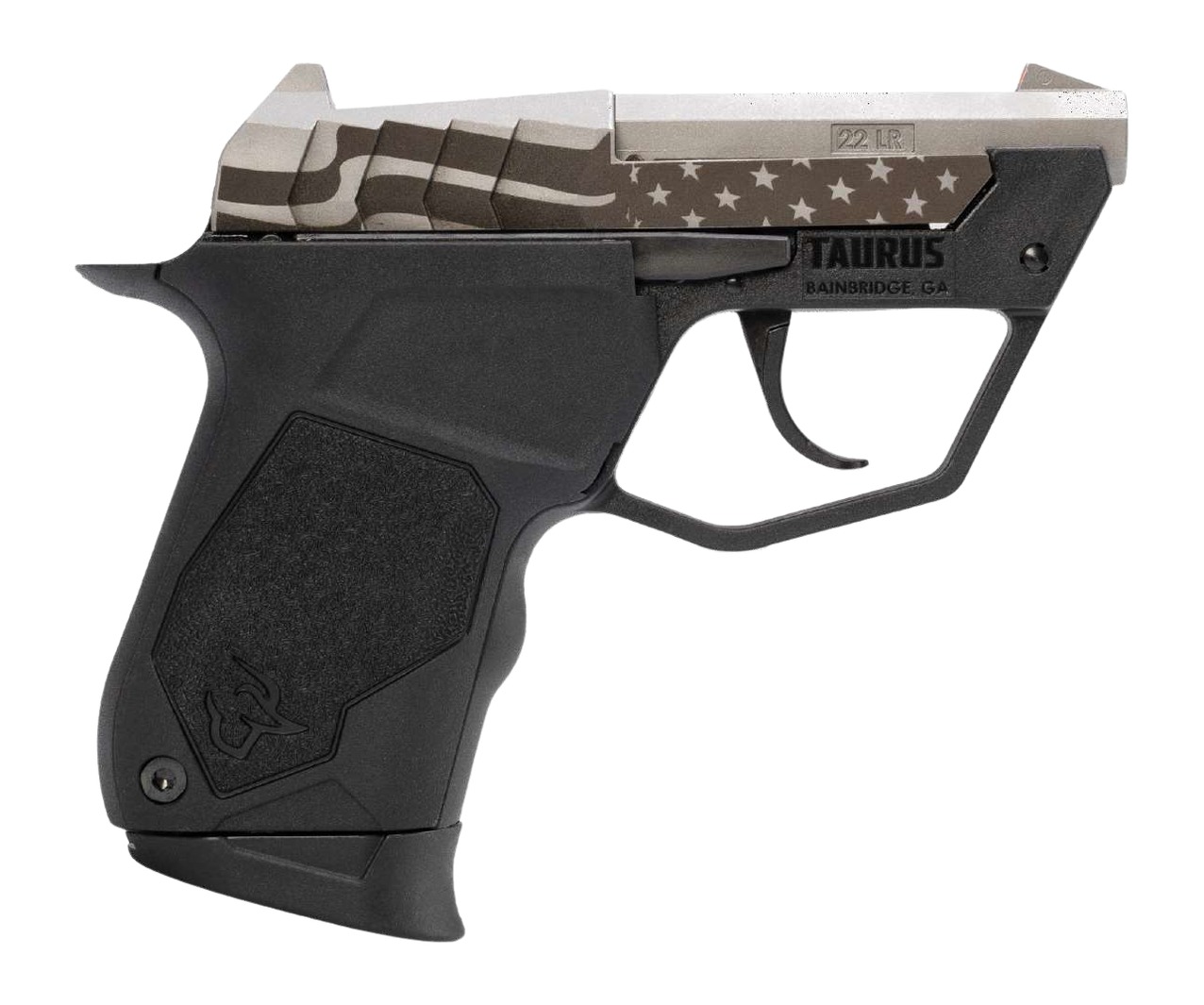 Taurus 1-22TUC139-USFLAG 22TUC Micro-Compact Frame 22 LR 9+1 2.50″ Stainless Tip-Up Barrel, Custom Engraved Serrated Slide, Black Polymer Frame