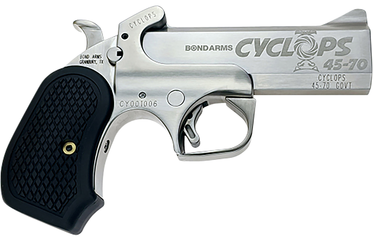 Bond Arms BACYP Cyclops Big Bore 45-70 Gov 1rd, 4.25″ Stainless Steel w/Engraved Barrel, Matte Stainless Steel Frame, Black Extended B6 Resin Grip, Includes Holster