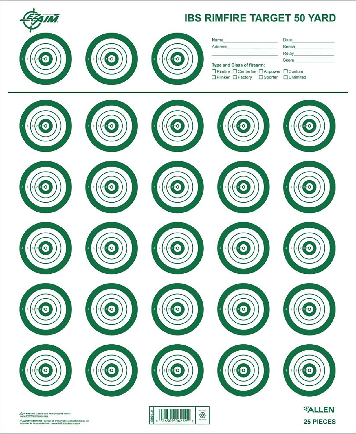 EZ-Aim 15582 Official IBS Rimfire Target Non-Adhesive White/Green 25 Pack