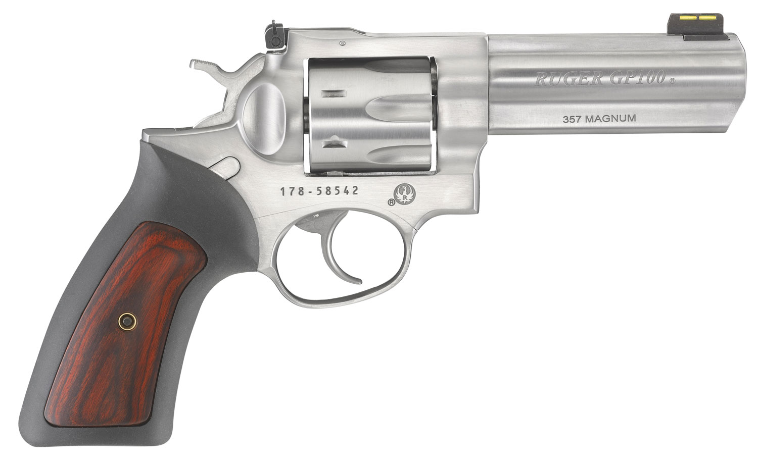 Ruger 1771 GP100 357 Mag 7 Shot, 4.20″ Satin Stainless Steel Barrel, Satin Stainless Cylinder, Satin Stainless Steel Frame, Black Rubber w/Wood Insert Grip, Exposed Hammer