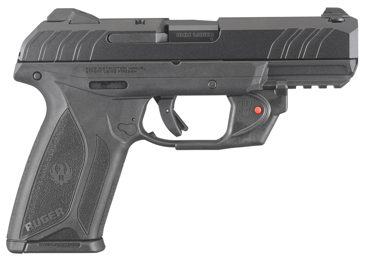 Ruger 3816 Security-9 9mm Luger 4″ Barrel 15+1, Black Polymer Frame With Picatinny Acc. Rail, Front Serrated Black Oxide Steel Slide, Manual Safety, Includes Viridian Red Laser