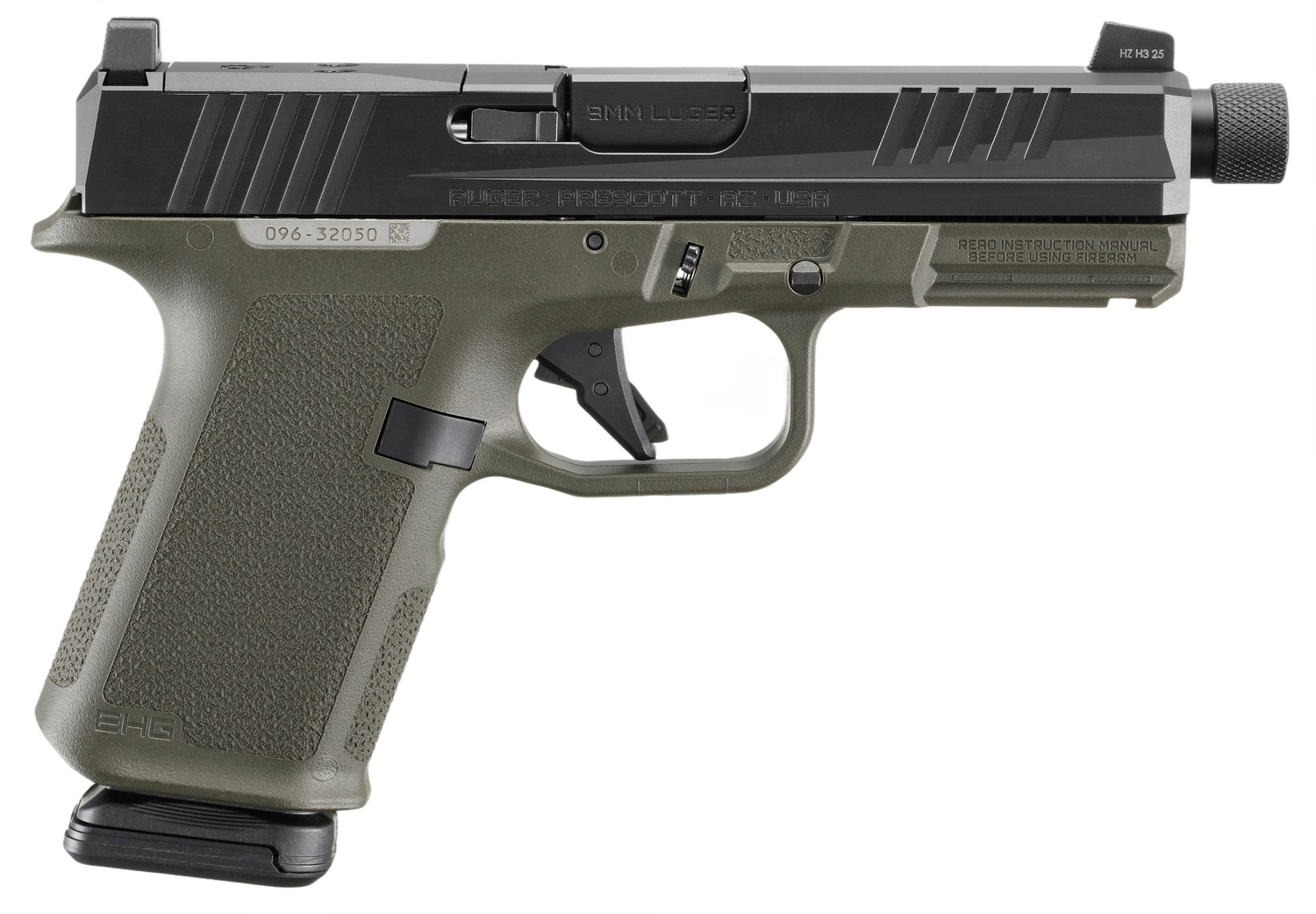 Ruger 19436 RXM 9mm Luger 15+1 4.50″ Black FNC Nitride Threaded Barrel & Optic Ready/Serrated Slide, OD Green Polymer Frame w/Accessory Rail, Textured Grip, RMSc/RMR/DeltaPoint Pro Footprint