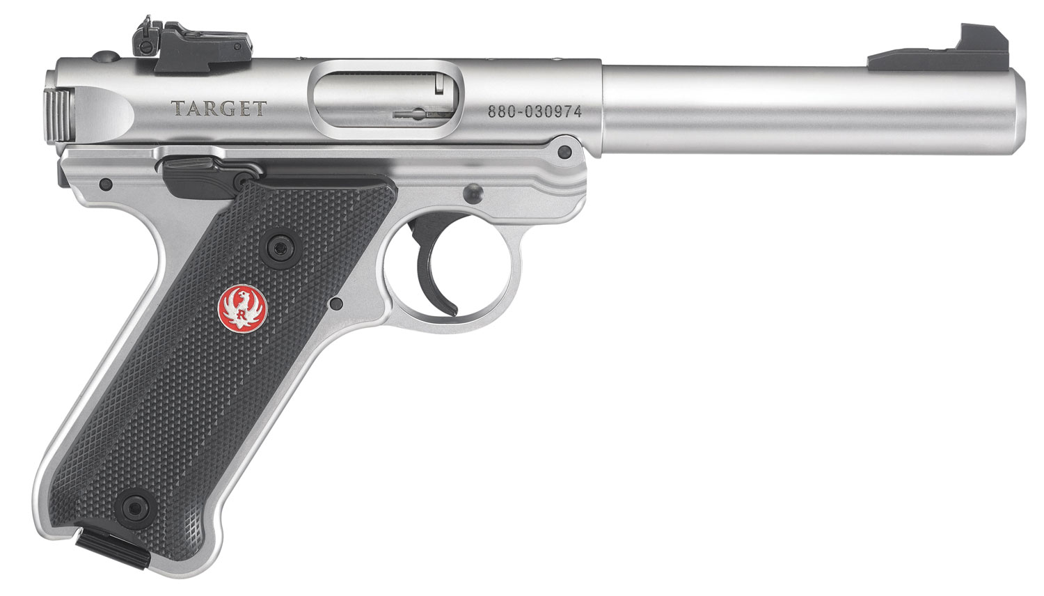 Ruger 40103 Mark IV Target 22 LR 10+1 5.50″ Satin Stainless Bull Barrel, Satin Stainless Steel Slide, Stainless Steel Frame Drilled & Tapped Receiver, Black Checkered Polymer Grip, Right Hand