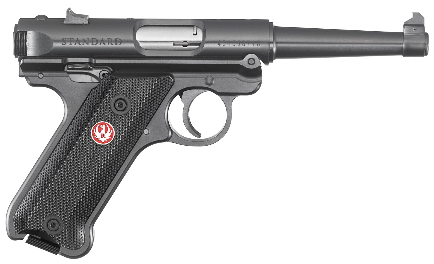 Ruger 40104 Mark IV 22 LR 10+1 4.75″ Satin Stainless Tapered Barrel, Blued Steel Slide & Aluminum Frame, Checkered Synthetic Grip
