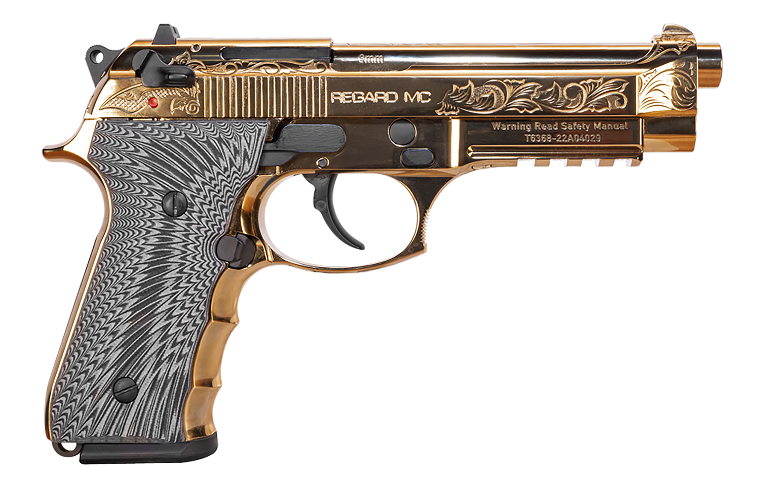 EAA GIRSAN 390088 Regard MC Deluxe 9mm Luger 18+1, 4.90″ Stainless Steel Barrel, Gold Plated Serrated w/Engraving Steel Slide & Aluminum Frame w/Picatinny Rail, Black G10 Grip, Ambidextrous