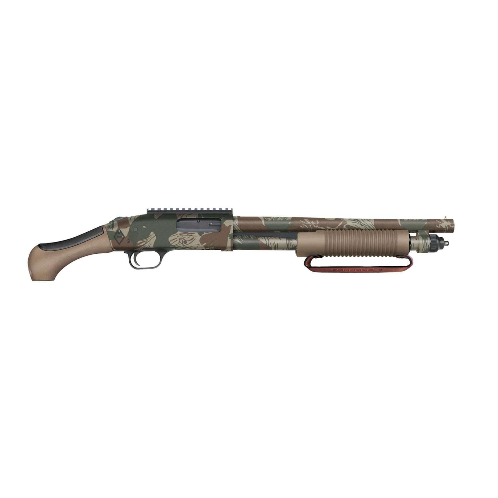 Mossberg 590 Bliksem Shotgun 12ga 3″ Chamber 5rd Capacity14.375″ Barrel 5rd Rhodesian Camo w/FDE Grip & Handguard