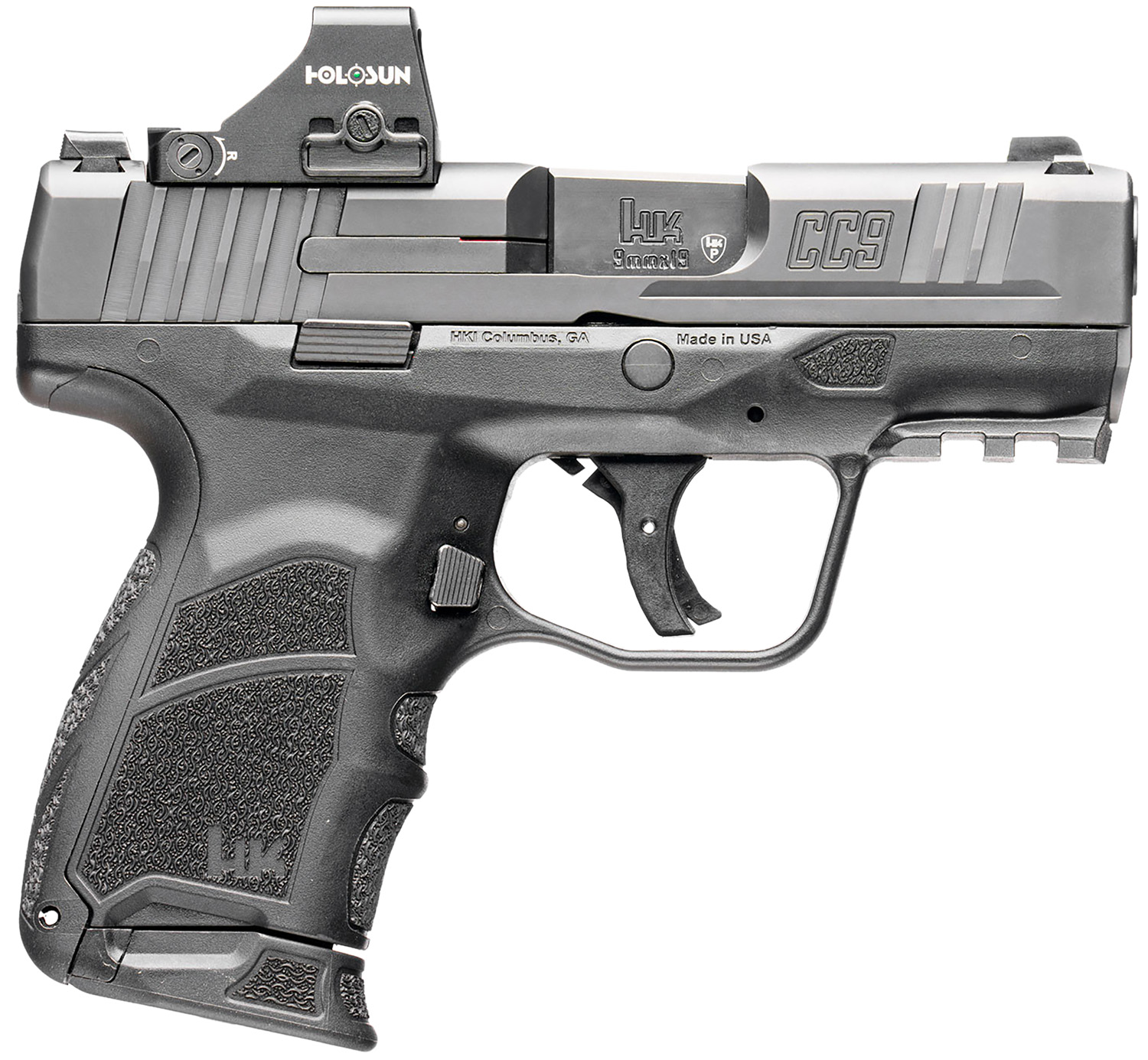 HK 81001132 CC9 9mm Luger 10+1 3.32″ Black Polygonal Rifled Barrel, Optic Ready RMSc/407k Footprint/Serrated Steel Slide, Polymer Frame w/Picatinny Rail, Black Interchangeable Backstrap Grip