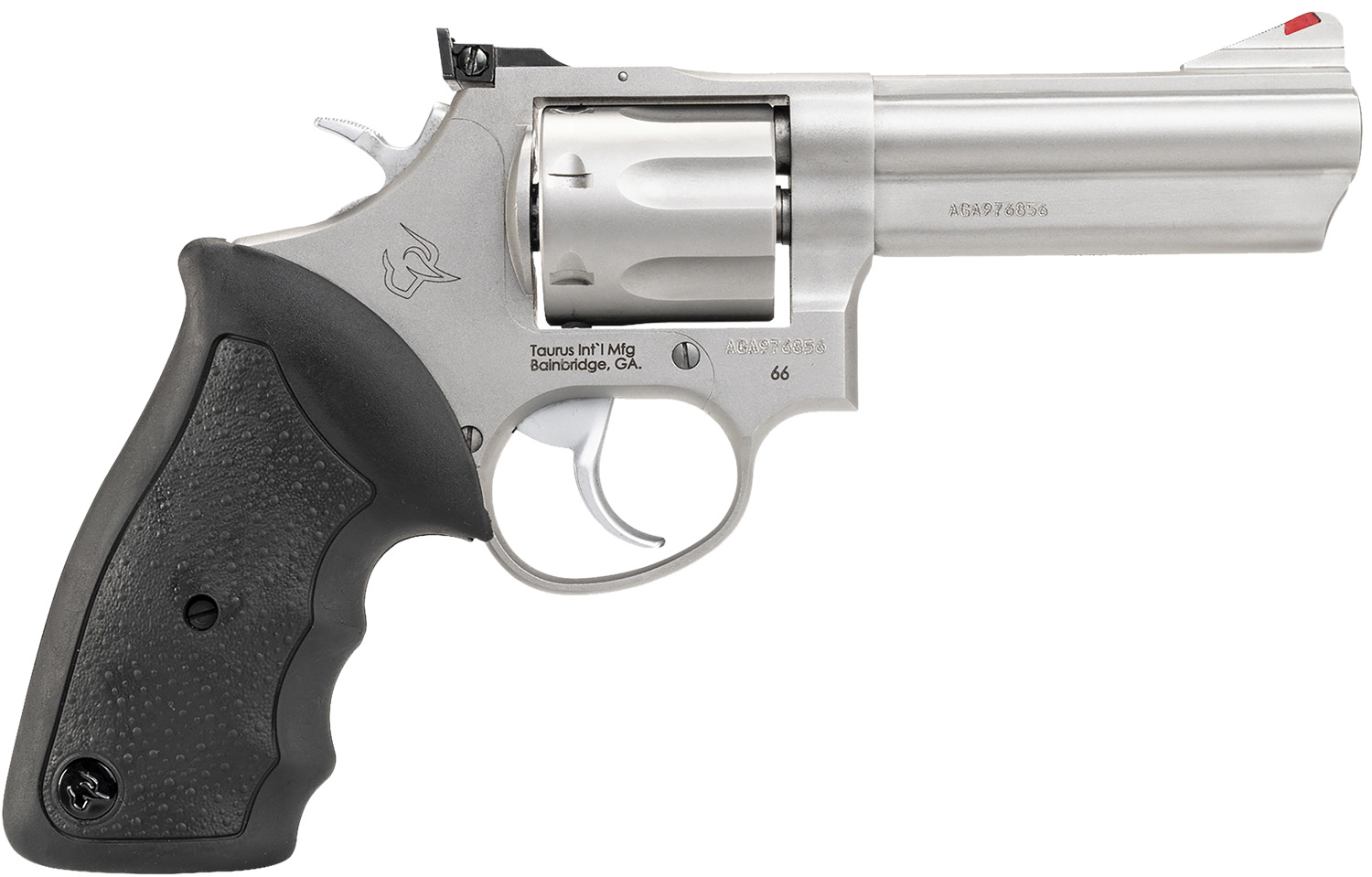 Taurus 2-660049 66 Medium 357 Mag/38 Special +P 7 Shot 4″ Matte Stainless Steel Barrel, Cylinder & Frame, Black Finger Grooved Rubber Grip, Transfer Bar Safety, Exposed Hammer