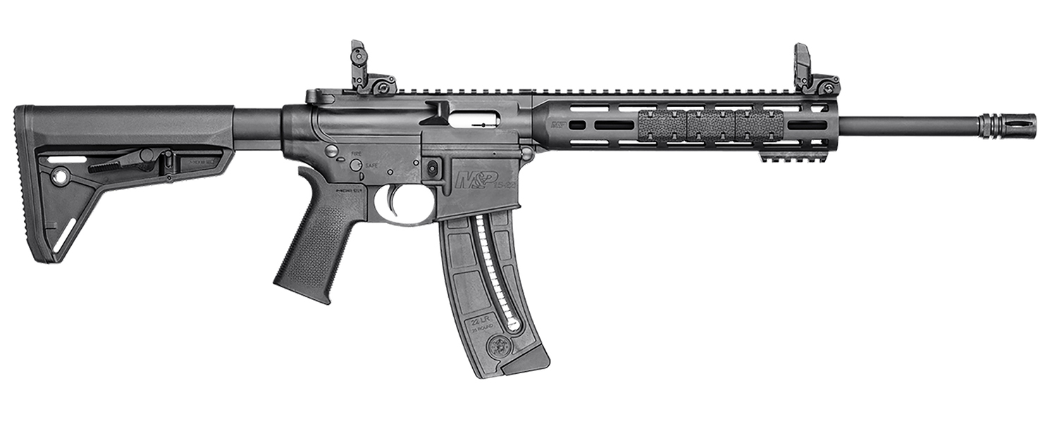 Smith & Wesson 10213 M&P15 Sport 22 LR 25+1 16.50″ Carbon Steel Barrel, Adjustable Magpul MOE SL Stock, Magpul M-Lok Mounting System, MagPul Folding MBUS Sights, Functioning Charging Handle, Optics