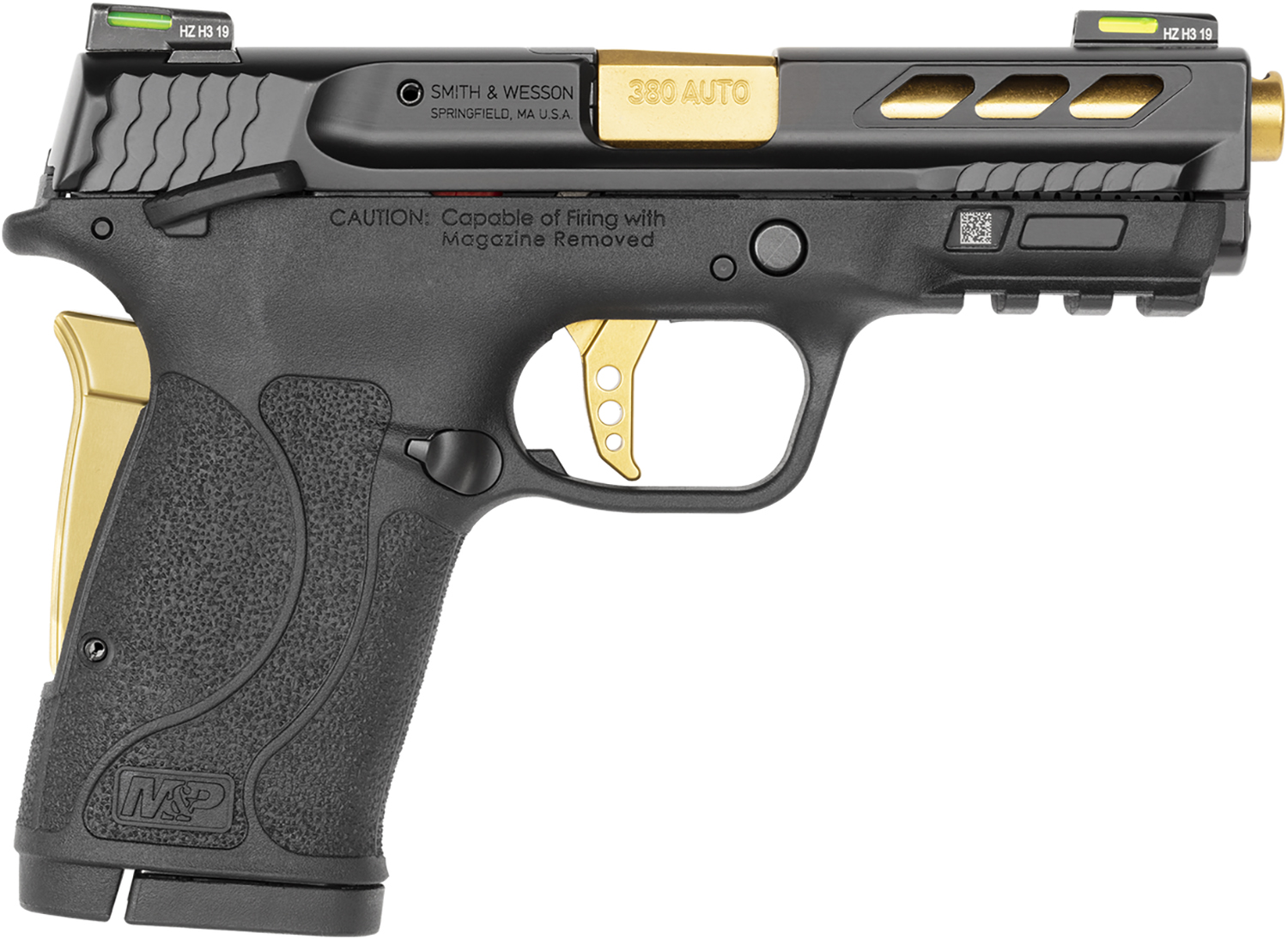 Smith & Wesson 12719 Performance Center M&P Shield EZ M2.0 380 ACP 3.80″ 8+1 Black Black Armornite Stainless Steel Slide Black Polymer Grip Gold Colored Accents
