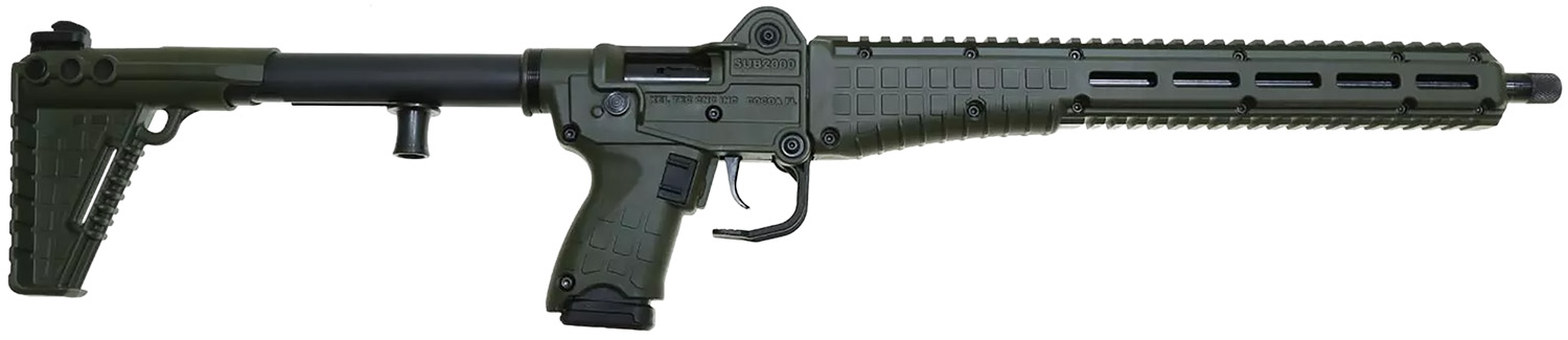 Kel-Tec SUB2K9GLKGRN SUB2000 Gen3 9mm Luger 15+1 16.15″ Black Steel Threaded Barrel, Green Picatinny Rail Aluminum Receiver, M-LOK Handguard, Green Synthetic Folding Stock, Black Polymer Grip