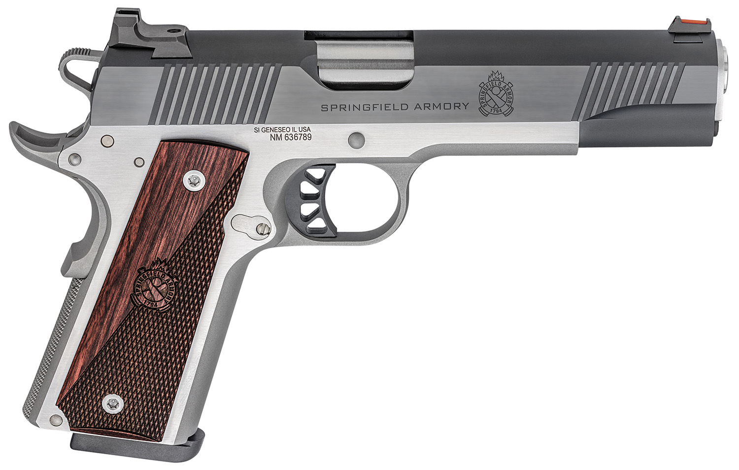 Springfield Armory PX9121L 1911 Ronin 10mm Auto 8+1, 5″ Stainless Match Grade Steel Barrel, Blued Serrated Carbon Steel Slide, Stainless Steel Steel Frame w/Beavertail, Crossed Cannon Wood Grip