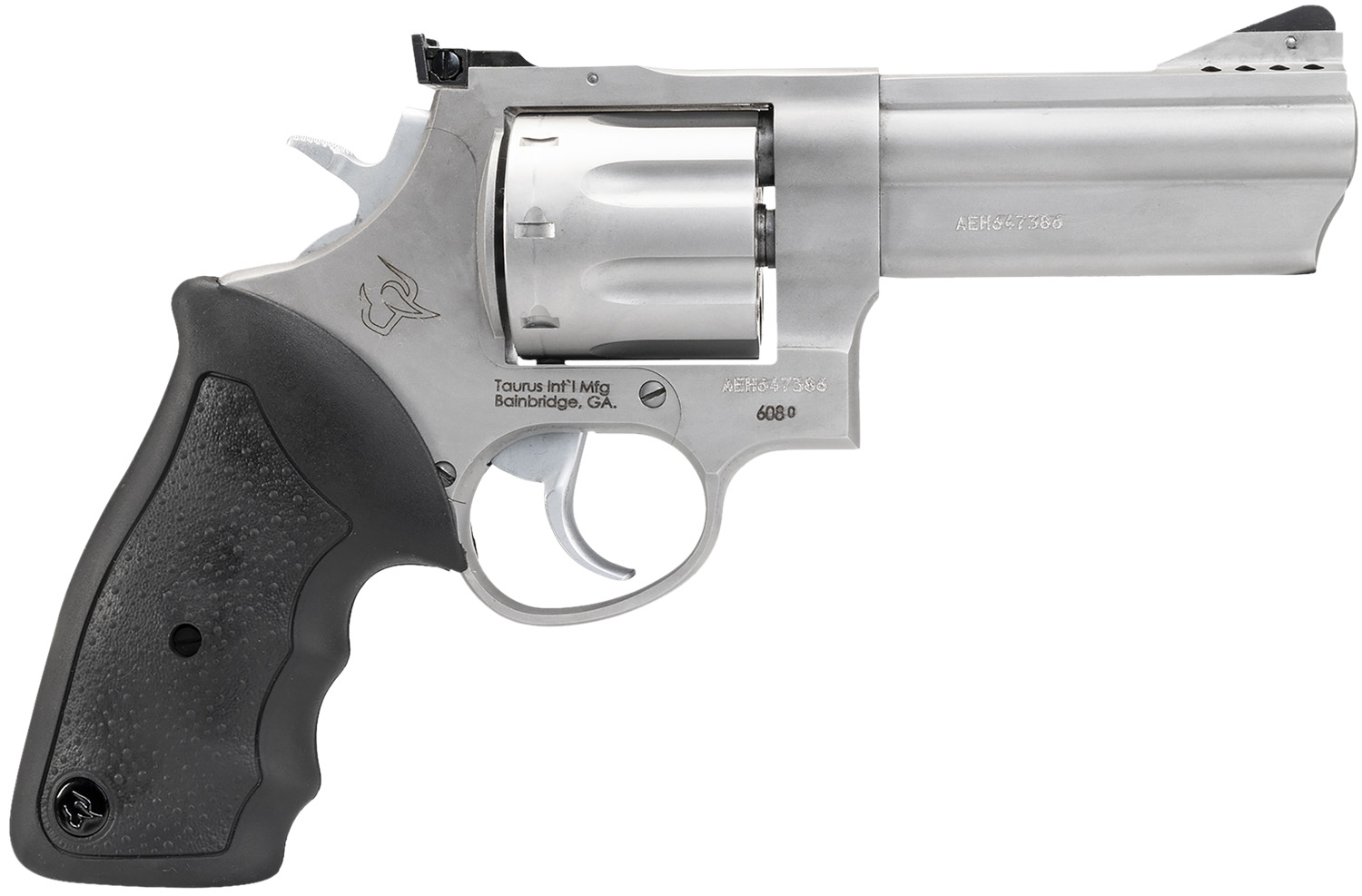 Taurus 2-608049 608 Large 357 Mag/38 Special +P 8 Shot 4″ Matte Stainless Steel Ported Barrel, Cylinder & Frame, Black Finger Grooved Rubber Grip, Transfer Bar Safety, Exposed Hammer