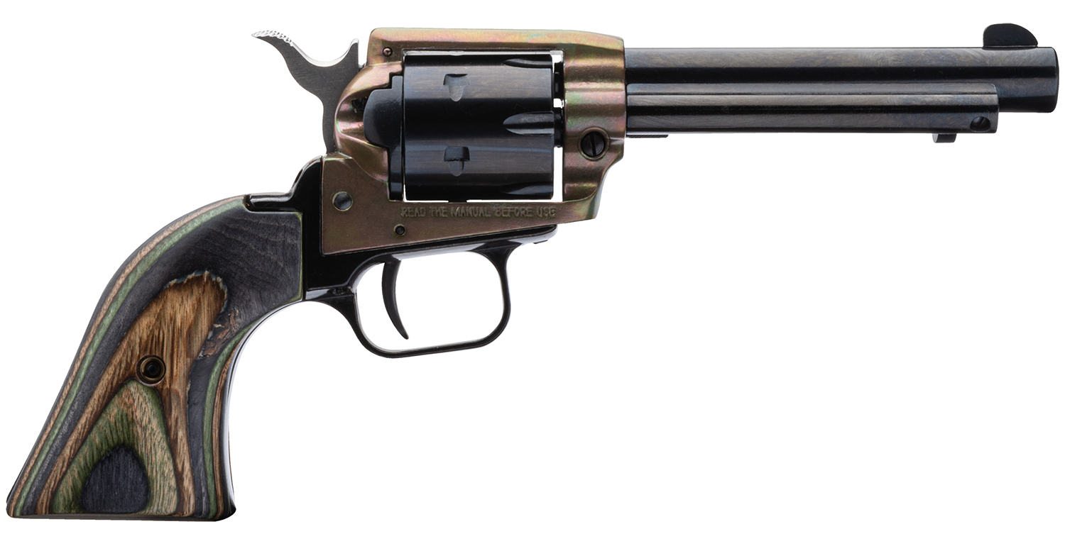 Heritage Mfg RR22MCH4 Rough Rider  22 LR/22 WMR 6 Shot, 4.75″ Black Steel Barrel & Cylinder Simulated Case Hardened Zinc Alloy Frame, Camo Laminate Grip, Hammer/Thumb Safety, Exposed Hammer