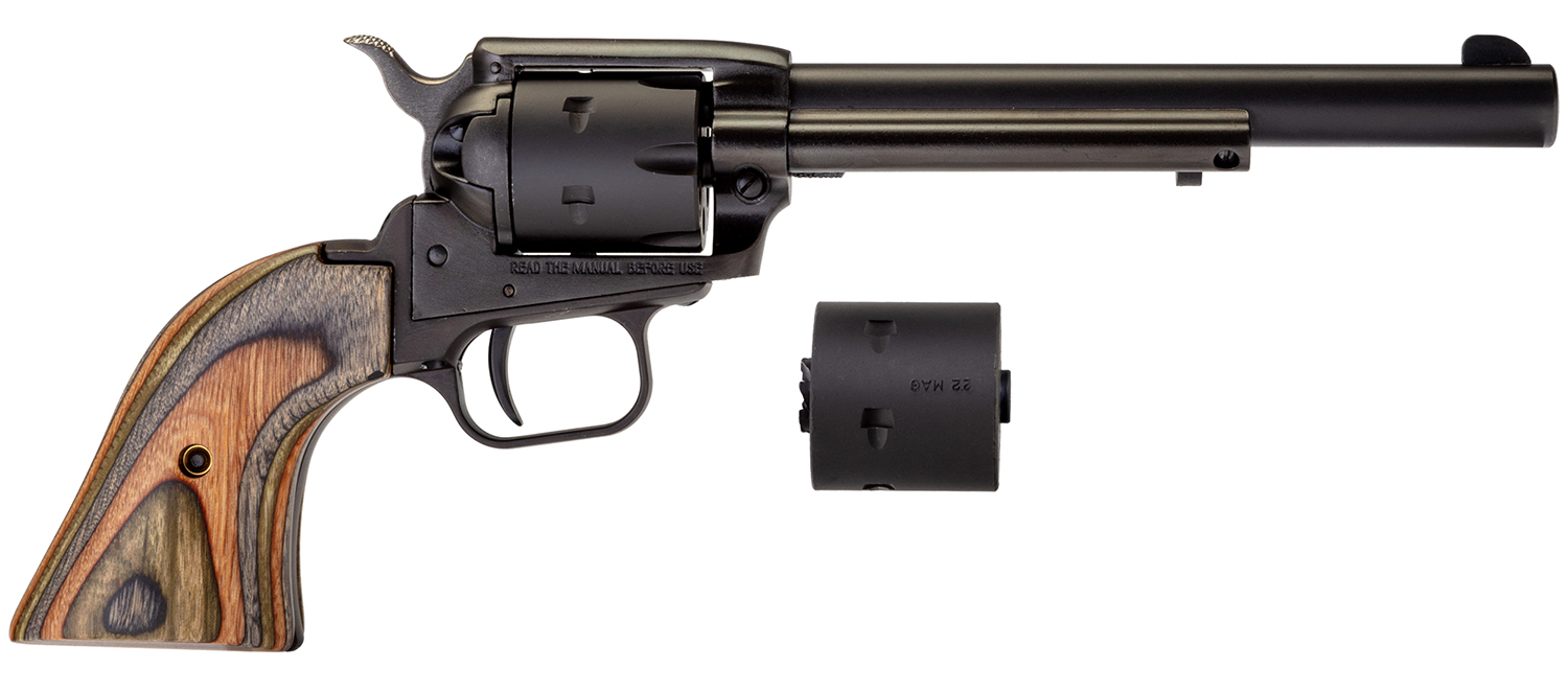 Heritage Mfg RR22MBS6 Rough Rider 22 LR/22 WMR 6 Shot, 6.50″ Black Satin Steel Barrel, Black Satin Zinc Alloy Frame, Black Satin Cylinder, Camo Laminate Grip, Exposed Hammer