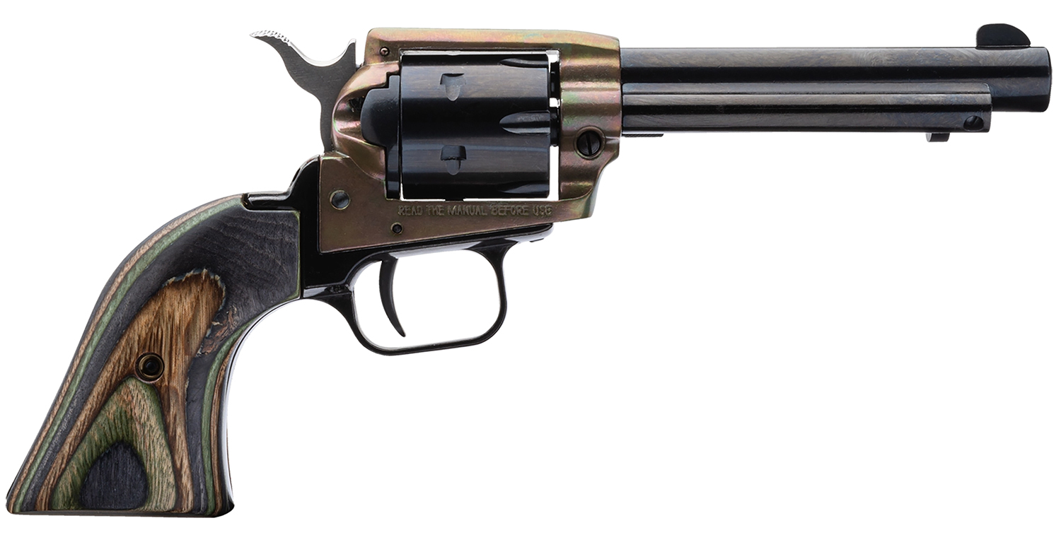 Heritage Mfg RR22CH4 Rough Rider 22 LR 6 Shot, 4.75″ Black Oxide Steel Barrel, Simulated Case Hardened Zinc Alloy Frame, Black Oxide Cylinder, Camo Laminate Grip, Manual Safety, Exposed Hammer