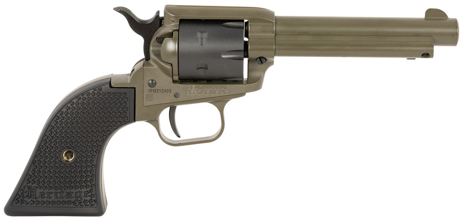 Heritage Mfg RR22T4 Rough Rider  22 LR 6 Shot 4.75″ OD Green Cerakote Barrel, OD Green Cerakote w/Black Accents Frame, Black Cerakote Cylinder, Black Star Polymer Grips