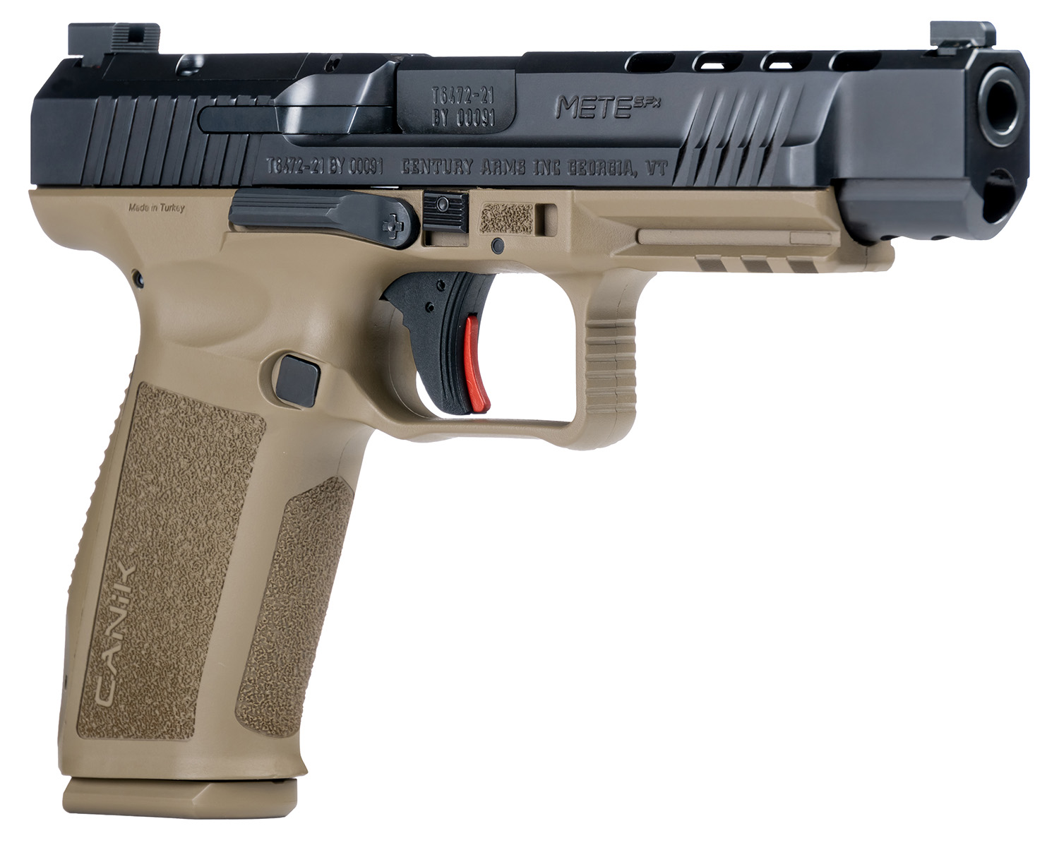 Canik HG5635N Mete SFx Full Size Frame 9mm Luger 20+1/18+1, 5.20″ Black Match Grade Barrel Black Nitride Serrated Steel Slide, Flat Dark Earth Polymer Frame w/Picatinny Rail, Ambidextrous