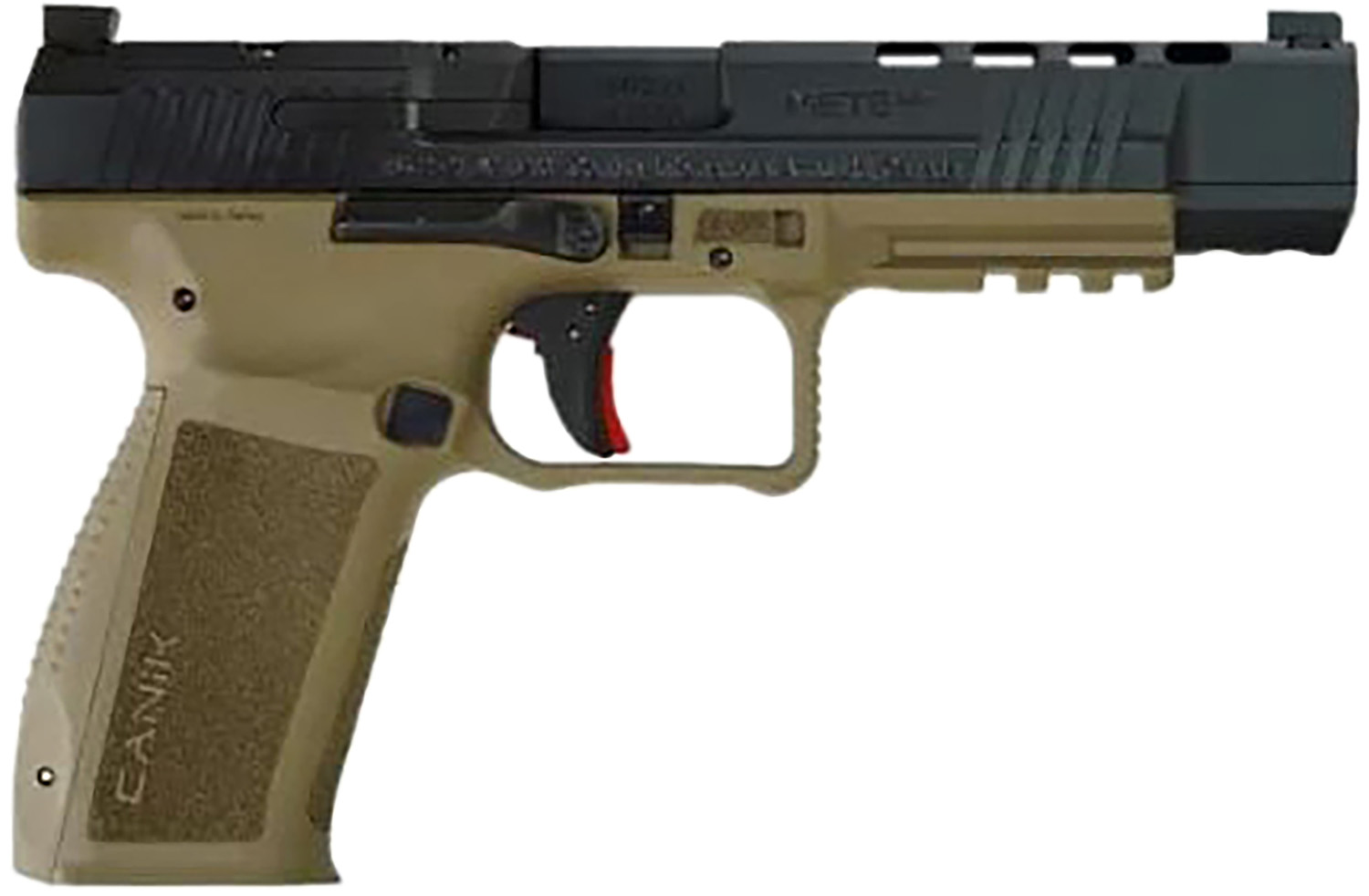 Canik HG6651N Mete SFx  9mm Luger 10+1 5.20″ Black Nitride Match Grade Barrel, Black Optic Ready/Serrated Steel Slide, Flat Dark Earth Polymer Frame w/Picatinny Rail, Aggressive Texture Grip