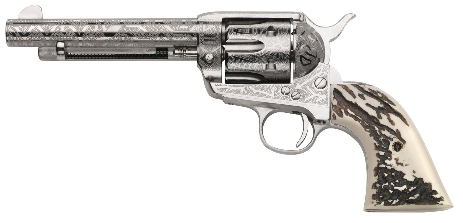 Taylors & Company OG1407 1873 Cattle Brand 357 Mag 6rd 5.50″ Nickel Engraved Imitation Stag Grip