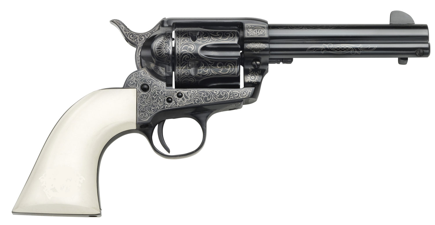 Taylors & Company 200059 1873 Cattleman Outlaw Legacy 357 Mag Caliber with 4.75″ Barrel, 6rd Capacity Cylinder, Overall Blued Engraved Finish Steel & Ivory Synthetic Grip