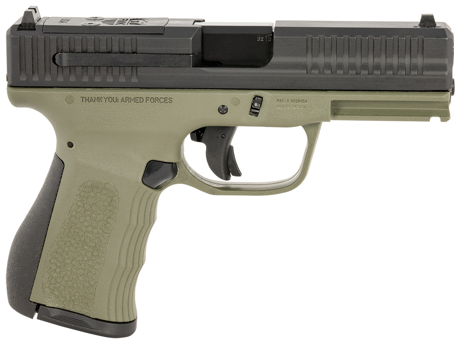 FMK FMKG49OD G3  9mm Luger 14+1 4″ Stainless Steel Barrel, Black Optic Cut/Serrated Carbon Steel Slide, OD Green Polymer Frame w/Picatinny Rail, Black Backstrap Grip