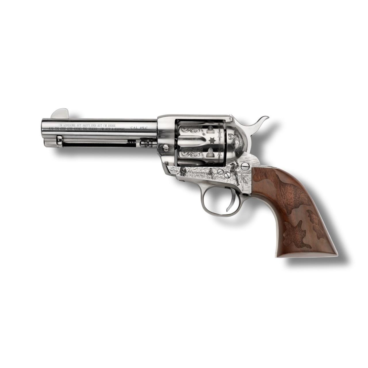 EMF Cowpoke Revolver .45 Colt 6rd Capacity 4.75″ Barrel Nickel Finish Engraved Cowhide Walnut Grip
