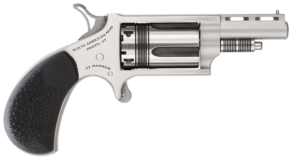North American Arms 22MTW Wasp 22 WMR 5 Shot 1.63″ Stainless Steel Vent Rib Barrel, Stainless Steel Frame & Cylinder, Black Pebbled Rubber Grip, Exposed Hammer