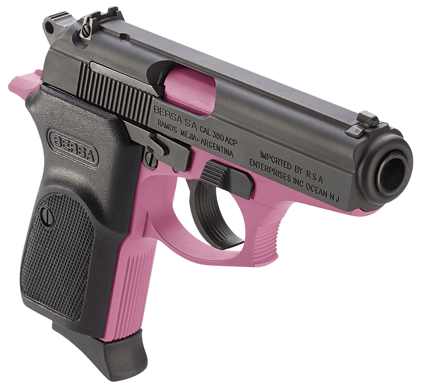 Bersa T380PNK8 Thunder Micro-Compact Frame 380 ACP 8+1 3.50″ Pink Cerakote Steel Barrel, Matte Black Serrated Steel Slide, Pink Cerakote Aluminum Frame