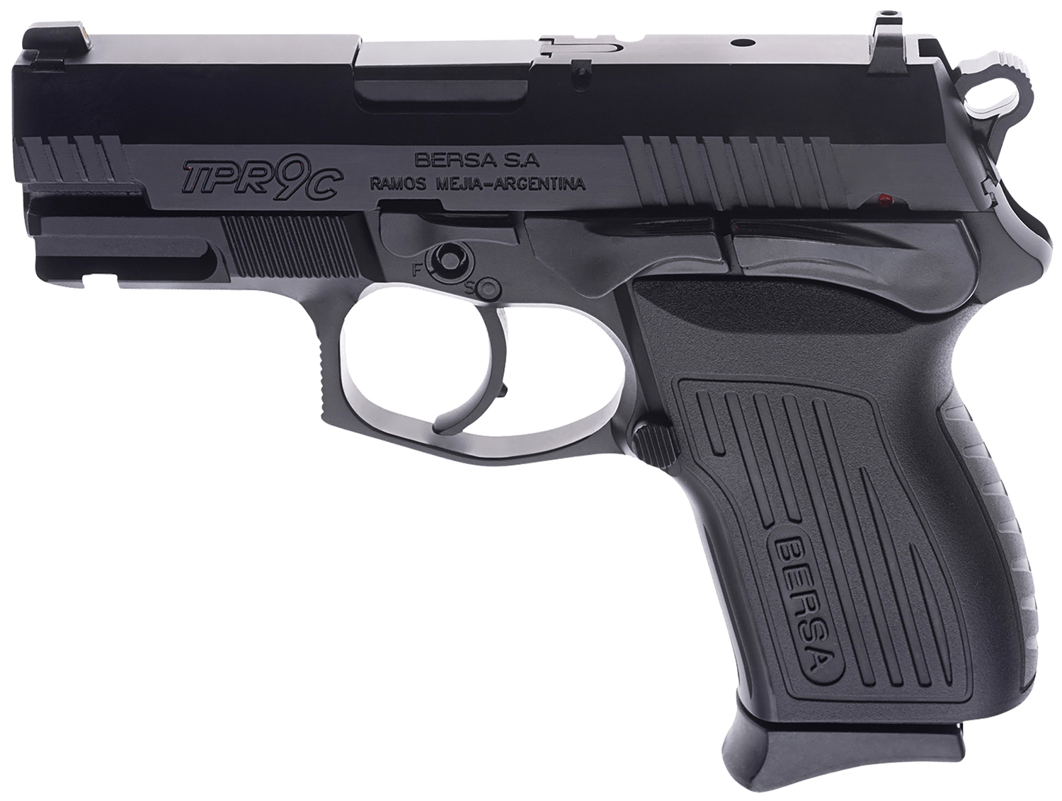 Bersa TPR9CM TPRC  Compact Frame 9mm Luger 13+1, 3.25″ Black Manual Barrel, Matte Black Serrated Steel Slide & Aluminum Frame, Ambidextrous