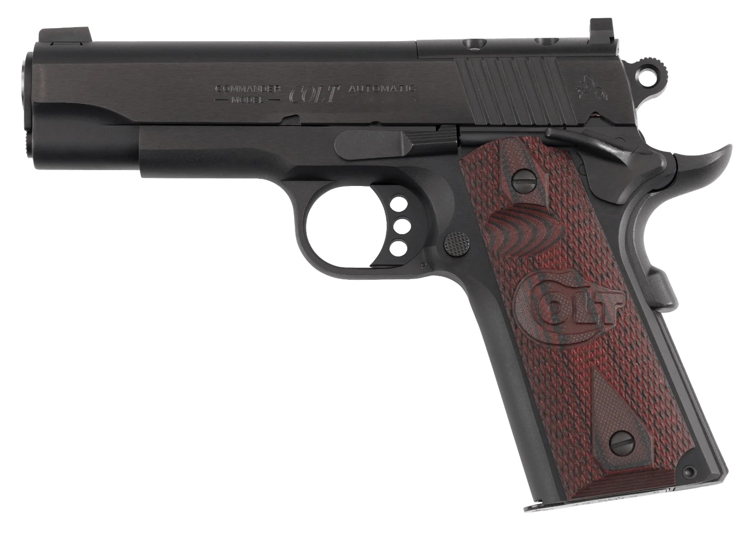 Colt Mfg O4942XEOR Commander Combat 9mm Luger 9+1 4.25″ Stainless National Match Barrel, Blued Steel Optic Ready/Serrated Slide, Blued Aluminum Frame w/Beavertail, Black Cherry G10 Grips, Ambidextrous