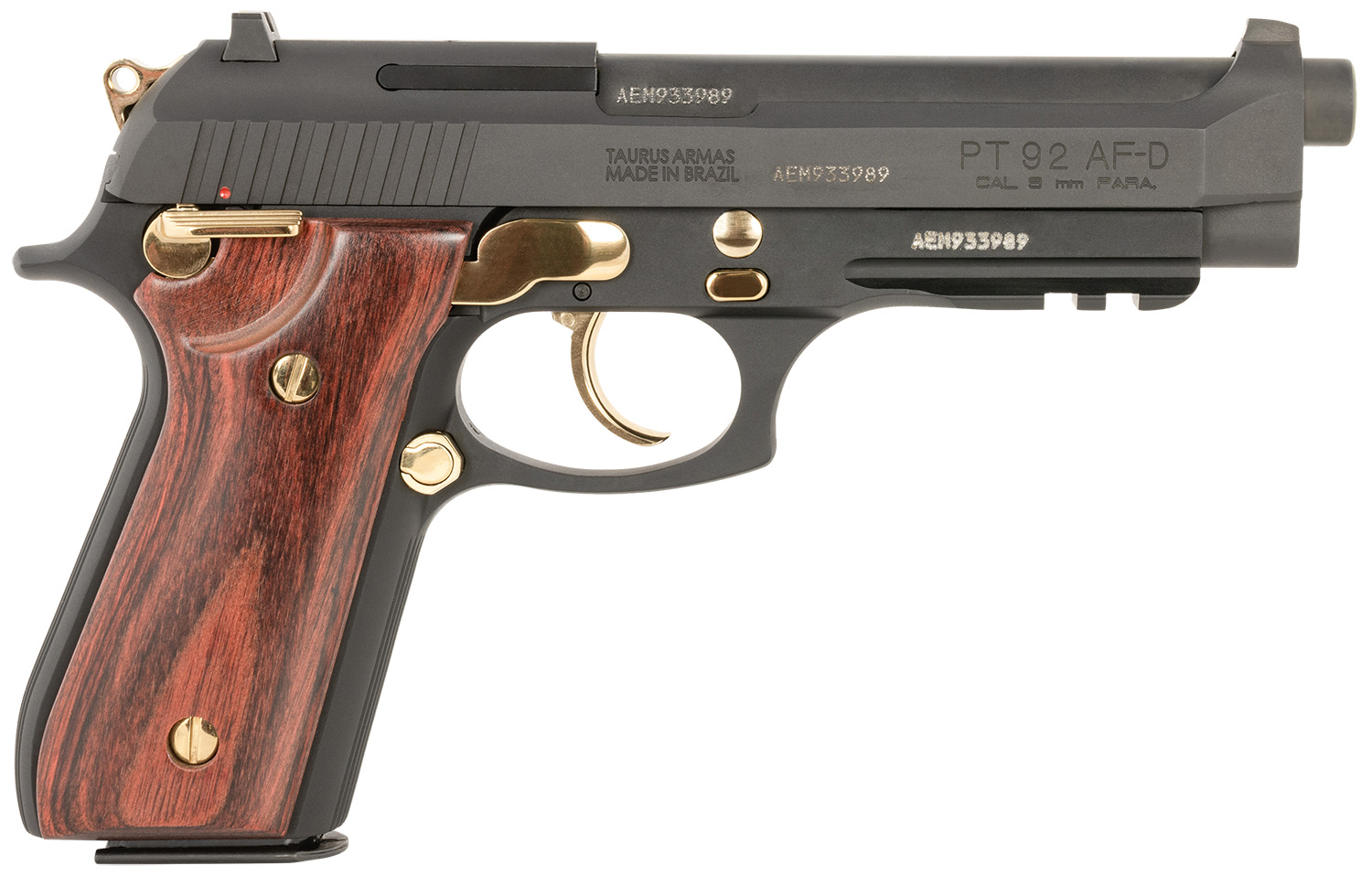 Taurus 1-920151GLD-HW1 92 Full Size Frame 9mm 17+1 5″ Matte Black Stainless Steel Barrel, Matte Black Serrated Alloy Steel Slide, Matte Black w/Gold Accents Aluminum Frame w/Picatinny Rail, Wood Grip