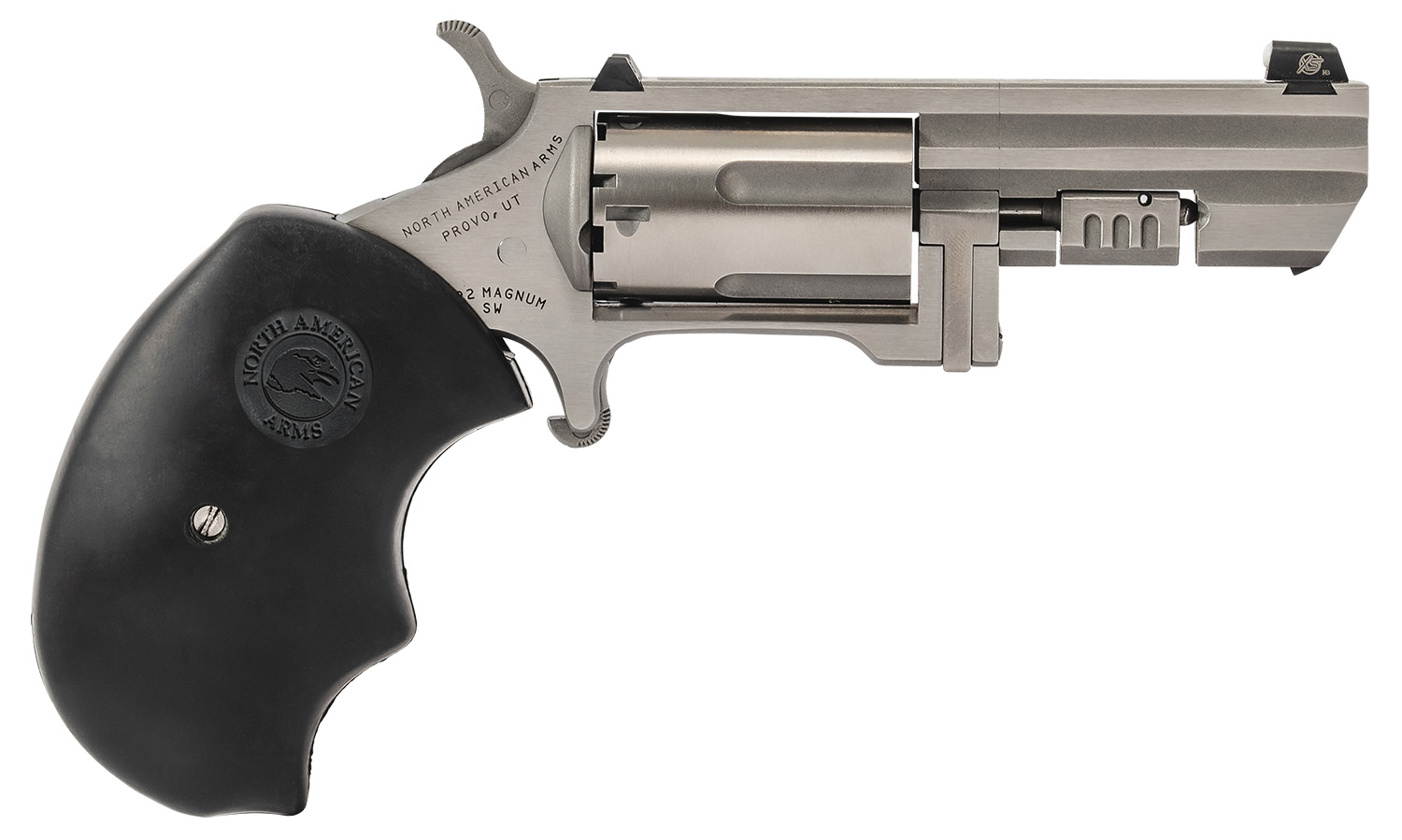 North American Arms RECLUSE Swing Out Recluse 22 Mag 5 Shot 2″ Stainless Steel Barrel, Cylinder & Frame, Oversized Rubber Grip, Exposed Hammer