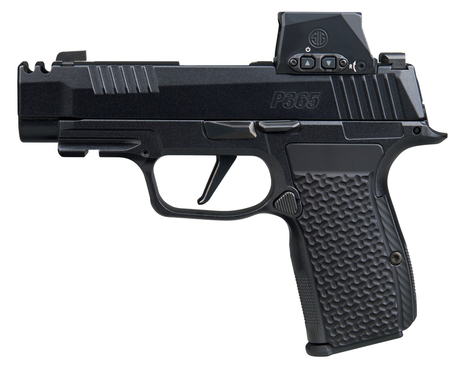 Sig Sauer  P365 AXG LUXE w/Optic Micro-Compact 380 ACP 12+1 3.10″ Black Barrel, Black Pearlescent Cerakote Stainless Steel Integrated Compensator/Optic Ready/Serrated Slide, Black Frame w/Picatinny Ra