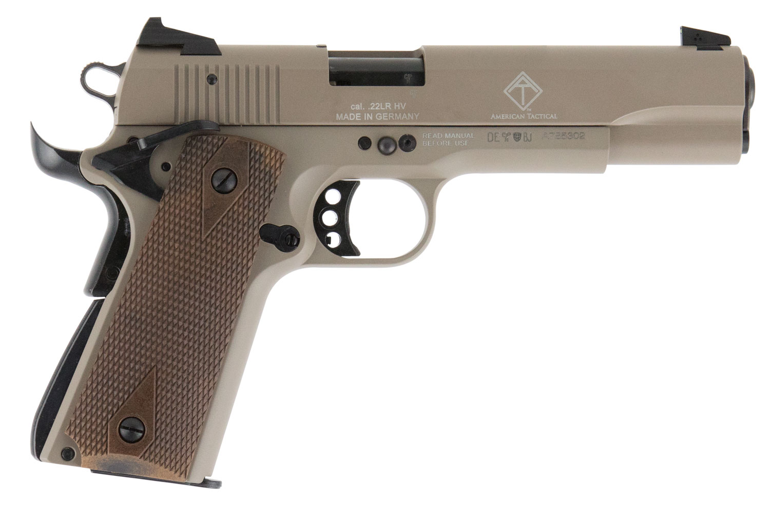 GSG GSG2210M1911T 1911  22 LR 10+1 5″ Threaded Barrel, Tan Serrated Slide & Zinc Alloy w/Beavertail Frame, Double Diamond Walnut Grip