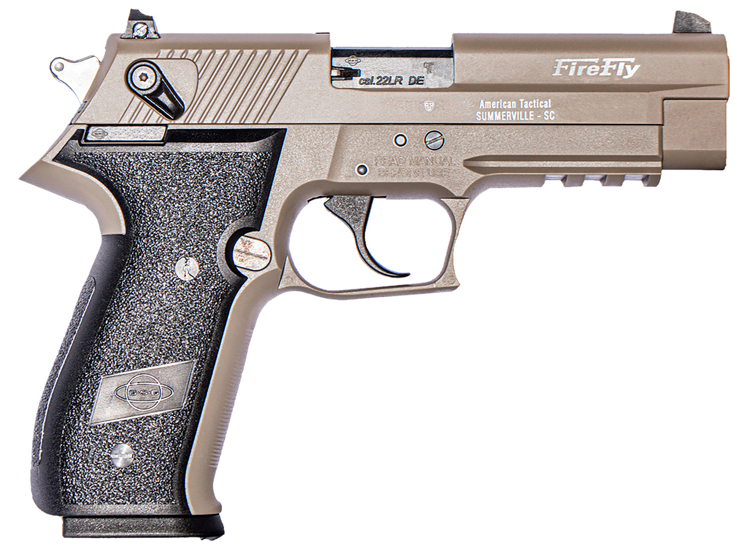 GSG GERG2210FFT FireFly  22 LR 10+1 4″ Tan Steel Barrel, Serrated Slide, Zinc Alloy w/Accessory Rail Frame, Black Polymer Grip