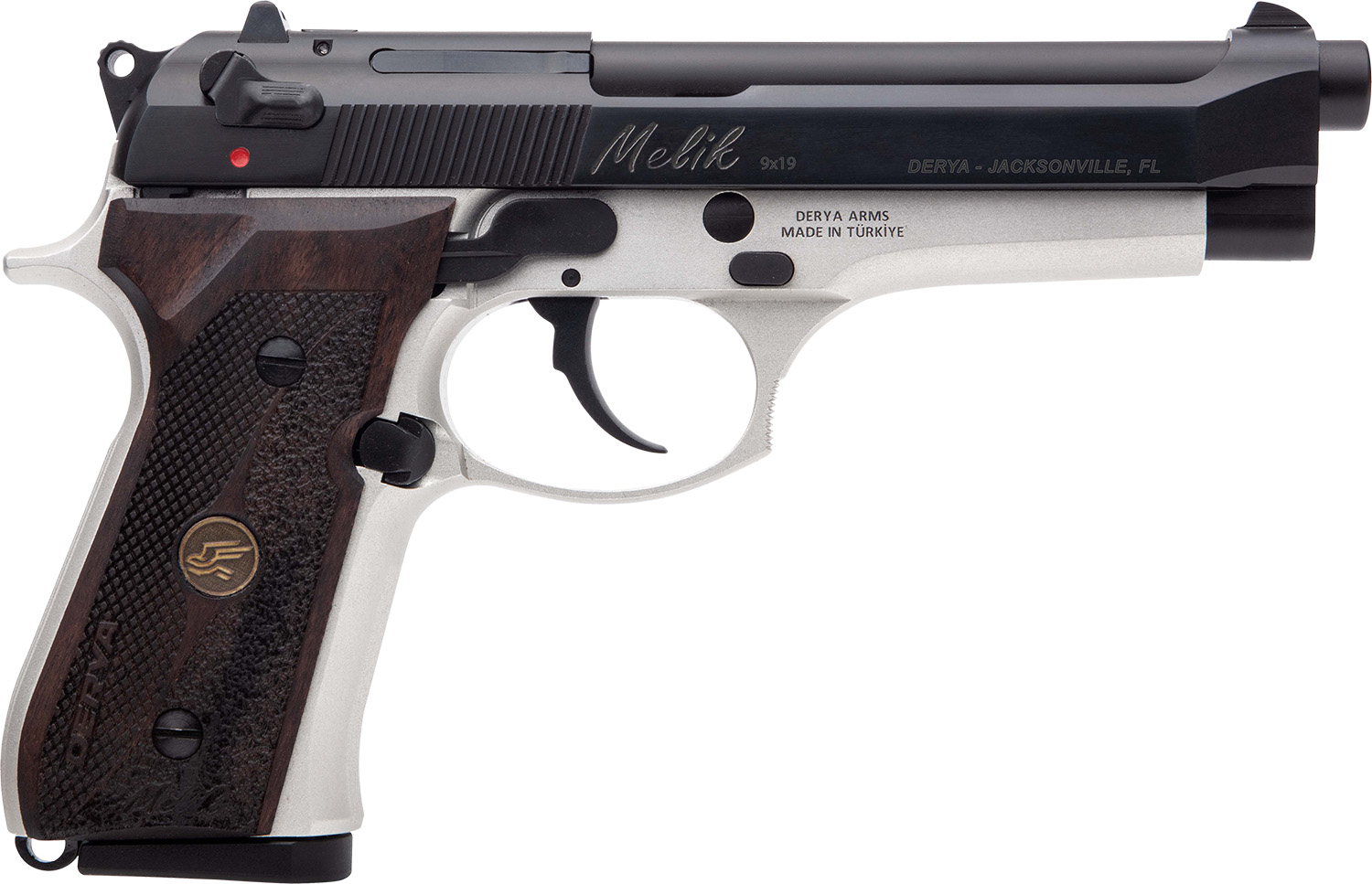 Derya Firearms MELIK9TTTR Melik  9mm Luger 17+1 4.90″ Black Melonite Steel Barrel, Black Melonite Serrated Steel Slide, Silver Anodized Aluminum Frame, Dark Walnut Grip