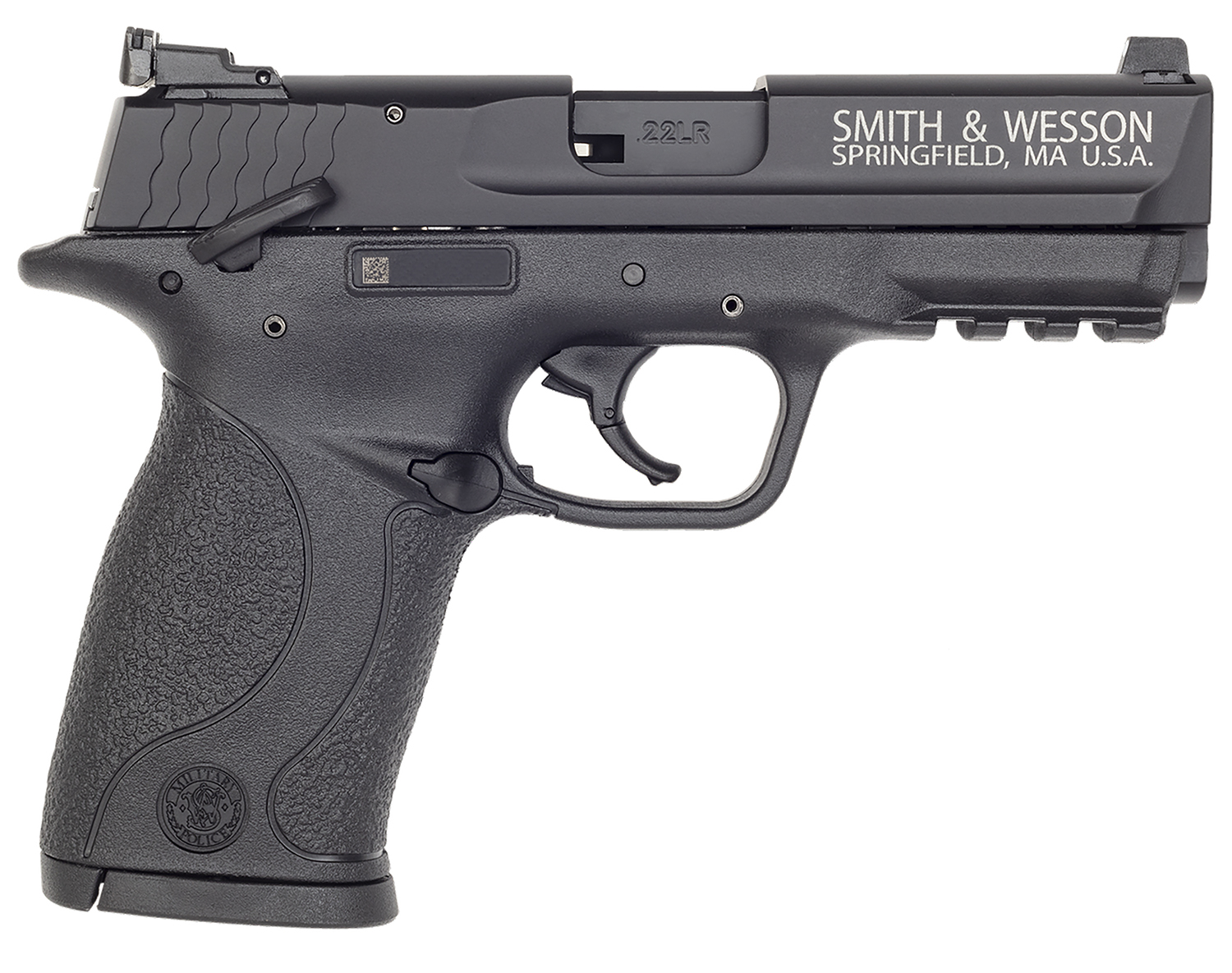 Smith & Wesson 108390 M&P 22 Compact Frame 22 LR 10+1, 3.60″ Black Steel Barrel, Black Hard Coat Anodized Serrated Slide, Black Polymer Frame w/Picatinny Rail Frame & Grip, Ambidextrous, Thumb Safety