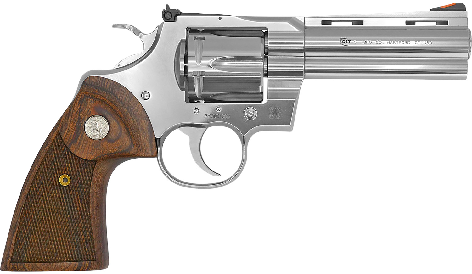 Colt Mfg PYTHONSP4WTS Python 38 Special/357 Mag 6 Shot 4.25″ Stainless Vent Recessed Target/Vent Rib Barrel, Cylinder & Frame, Walnut w/Colt Medallion Grip