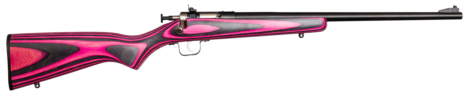 Crickett KSA2225 Youth 22 LR 1rd 16.12″ Blued Barrel & Receiver, Fixed Front/Adjustable Rear Peep Sights, Pink/Black Laminate Stock w/11.5″ LOP, Rebounding Firing Pin Safety