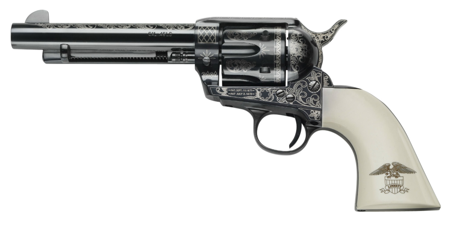 Pietta GW45LLE434NMUI 1873 GW2 Liberty 45 Colt (LC) 6 Shot, 4.75″ Blued Engraved Steel Barrel, Cylinder, Frame & Hammer, Ultra Ivory Grip w/Engraved Liberty Eagle