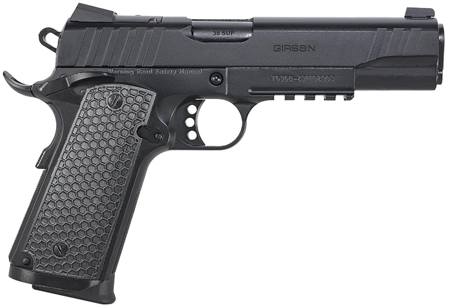 Girsan 391049 MC1911 S Influencer Full Size 38 Super 9+1 5″ Blued Steel Barrel, Black Optic Ready/Serrated Steel Slide & Frame w/Picatinny Rail & Beavertail, Black Polymer Grip