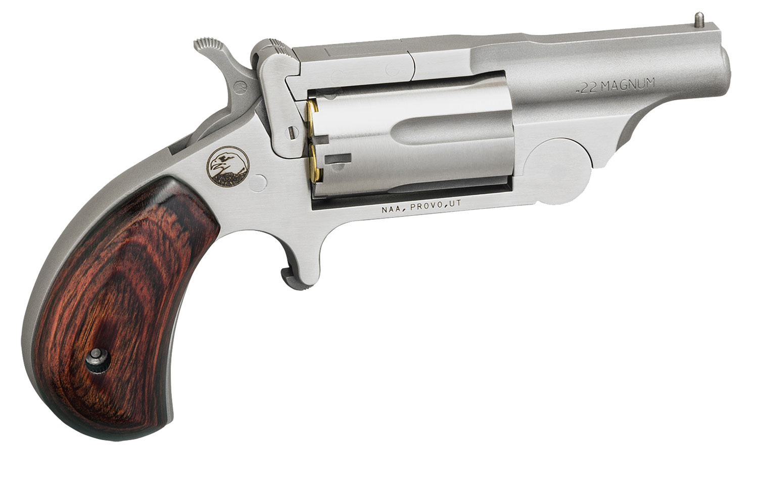North American Arms 22MR Ranger II 22 WMR 5 Shot 1.63″ Satin Stainless Steel Barrel & Frame, Stainless Cylinder, Rosewood Birdshead Grip, Exposed Hammer