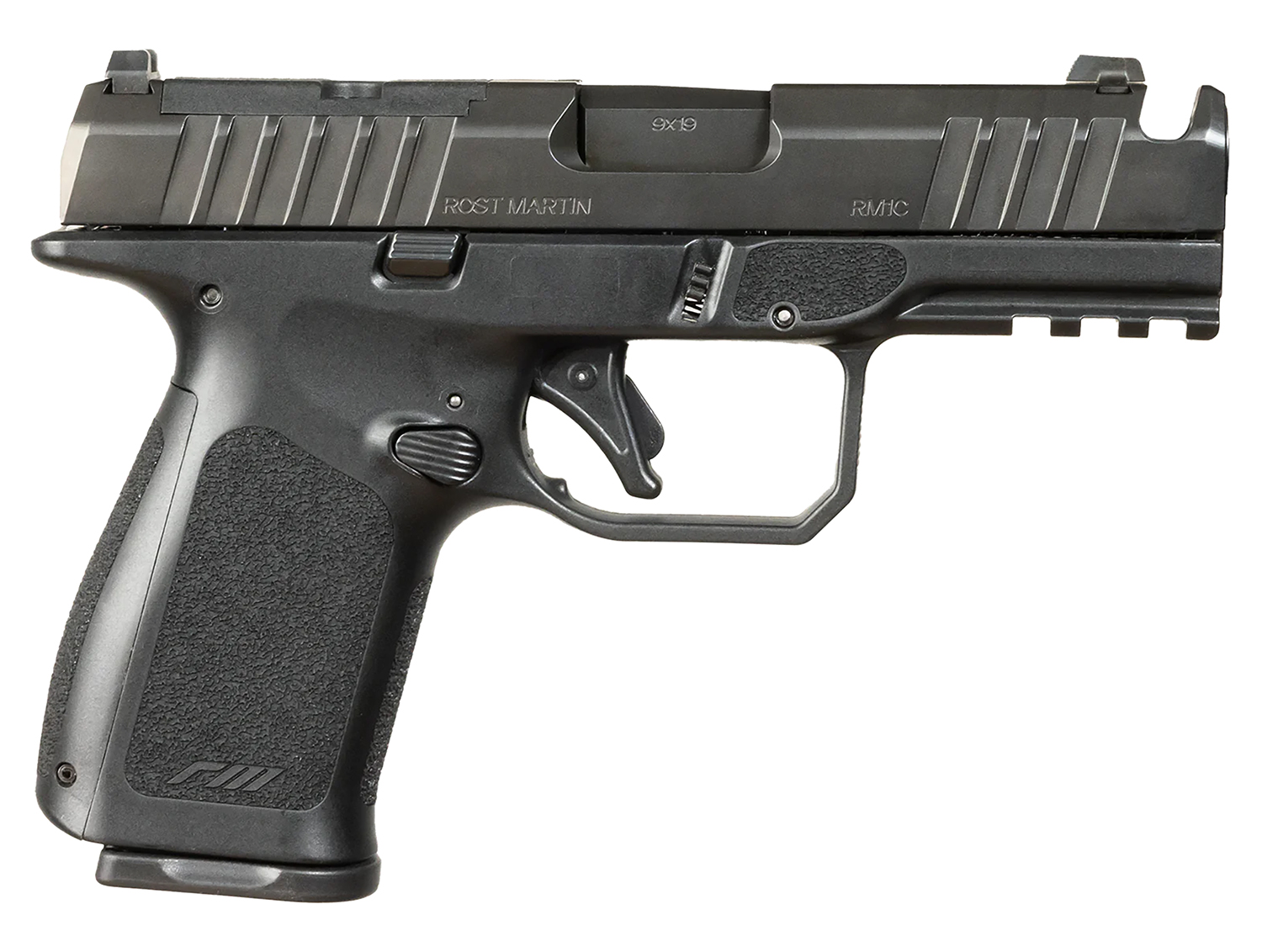 Rost Martin RM1CBLKOSP(COMP) RM1C 9mm Luger 17+1 4″ Black Compensated Match Grade Barrel, Black Tenifer Optic Ready/Serrated Steel Slide, Black Polymer Frame w/Picatinny Rail, Textured Grip