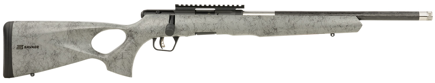 Savage Arms 70518 B Series TimberLite 22 WMR 10+1 18″ Carbon Fiber Threaded Barrel, Matte Black Picatinny Rail Carbon Steel Receiver, Gray w/Black Webbing Fixed Thumbhole Synthetic Stock