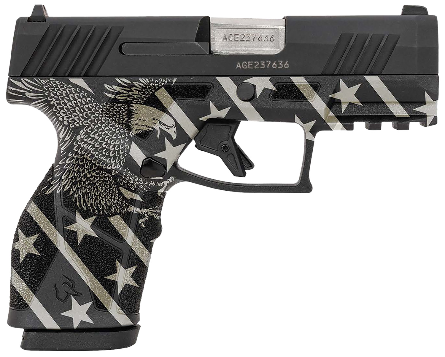 Taurus 1-GX2931-10EN1 GX2 Compact Frame 9mm Luger 10+1 3.38″ Stainless Steel Barrel, Matte Black Serrated Alloy Steel Slide, Black w/Eagle, Stars & Stripes Polymer Frame w/Accessory Rail