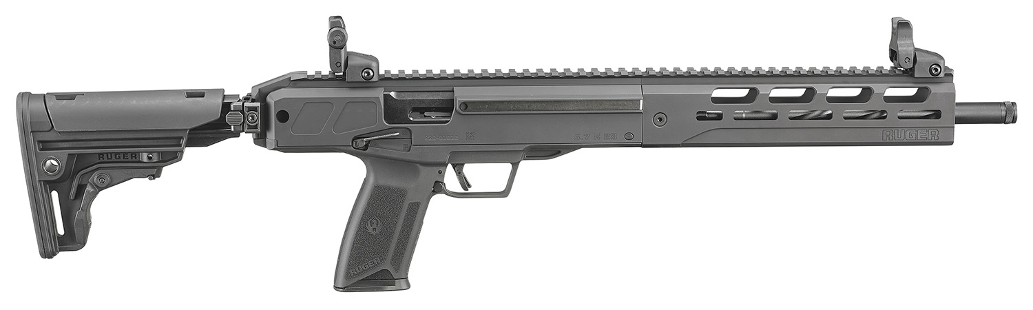 Ruger 19300 LC Carbine  5.7x28mm 16.25″ Threaded Barrel 20+1, Black, Folding Stock, OEM Flip-Up Sights