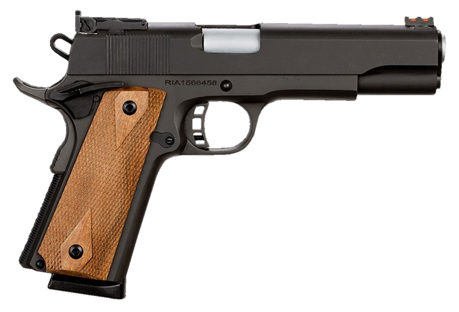 Rock Island 51434 Pro Ultra Match *CA Compliant 45 ACP Caliber with 5″ Barrel, 8+1 Capacity, Overall Black Parkerized Finish Steel, Beavertail Frame, Serrated Slide & Checkered Wood Grip