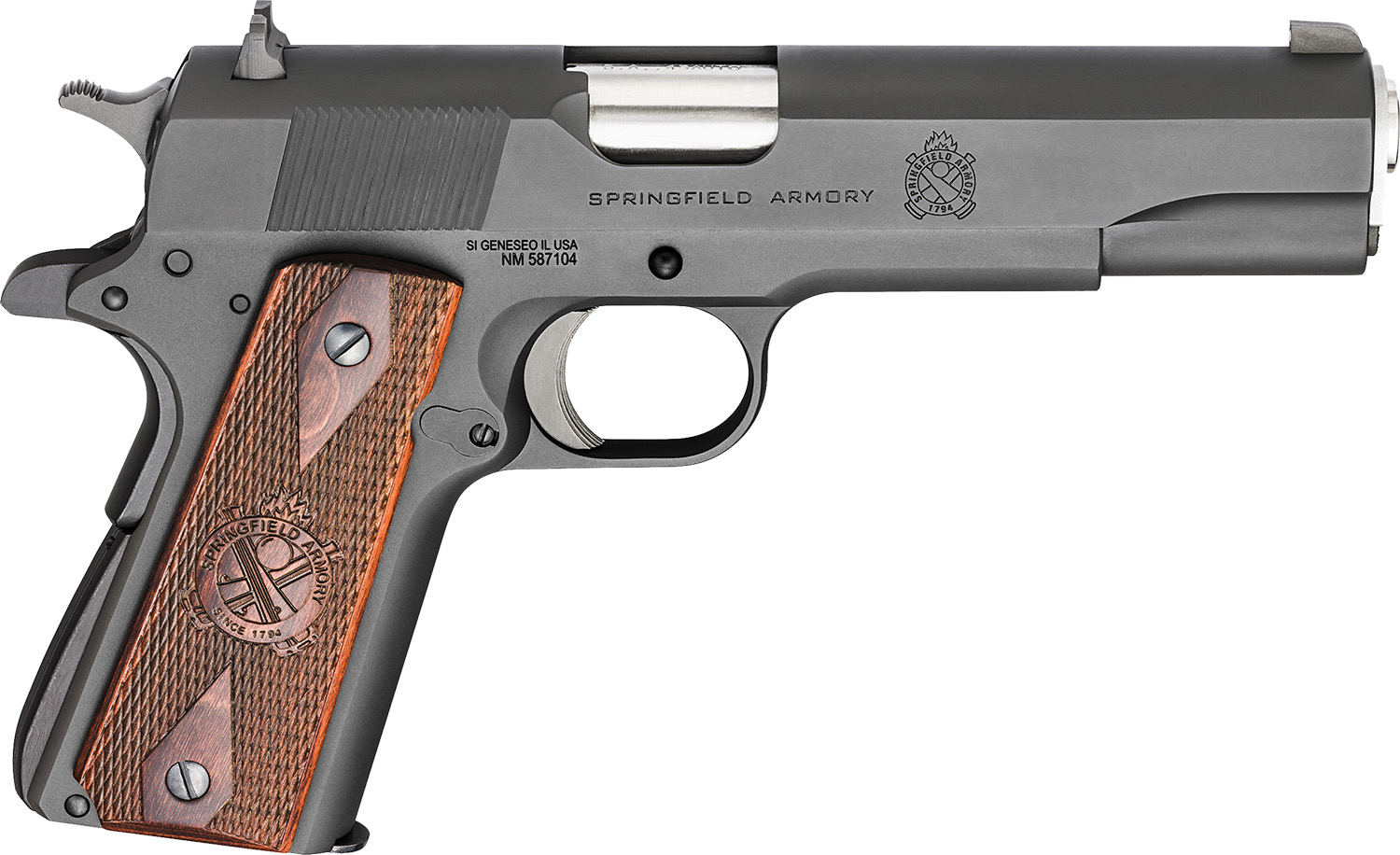 Springfield Armory PB9108LCA 1911 Mil-Spec *CA Compliant 45 ACP 5″ 7+1 Black Parkerized Frame Black Parkerized Carbon Steel with Rear Serrations Slide Crossed Cannon Cocobolo Grip
